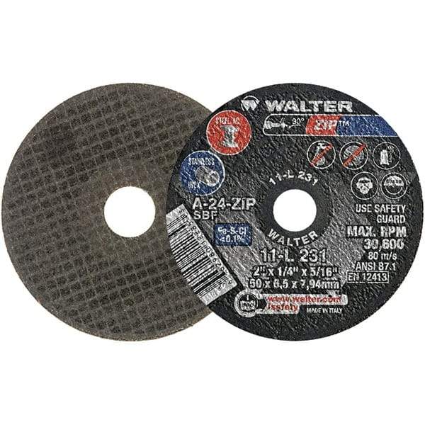 WALTER Surface Technologies - 2" 24 Grit Aluminum Oxide Cutoff Wheel - 1/4" Thick, 5/16" Arbor, 31,000 Max RPM, Use with Die Grinders - Exact Tool & Supply