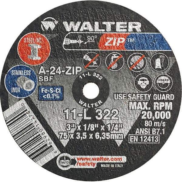 WALTER Surface Technologies - 3" 24 Grit Aluminum Oxide Cutoff Wheel - 1/8" Thick, 1/4" Arbor, 25,470 Max RPM, Use with Die Grinders - Exact Tool & Supply