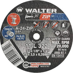 WALTER Surface Technologies - 3" 24 Grit Aluminum Oxide Cutoff Wheel - 1/8" Thick, 1/4" Arbor, 25,470 Max RPM, Use with Die Grinders - Exact Tool & Supply