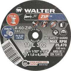 WALTER Surface Technologies - 3" 60 Grit Aluminum Oxide Cutoff Wheel - 1/32" Thick, 1/4" Arbor, 25,470 Max RPM, Use with Die Grinders - Exact Tool & Supply