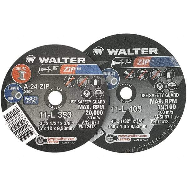 WALTER Surface Technologies - 3" 24 Grit Aluminum Oxide Cutoff Wheel - 1/8" Thick, 3/8" Arbor, 25,470 Max RPM, Use with Die Grinders - Exact Tool & Supply