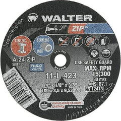 WALTER Surface Technologies - 4" 24 Grit Aluminum Oxide Cutoff Wheel - 1/8" Thick, 3/8" Arbor, 19,100 Max RPM, Use with Die Grinders - Exact Tool & Supply