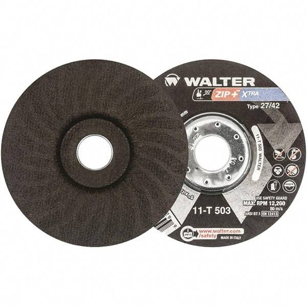 WALTER Surface Technologies - 46 Grit, 5" Wheel Diam, 1/16" Wheel Thickness, 7/8" Arbor Hole, Type 27 Depressed Center Wheel - Aluminum Oxide, Resinoid Bond, 12,200 Max RPM - Exact Tool & Supply