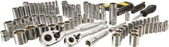 Stanley - 123 Piece 1/4" & 3/8" Drive Chrome Vanadium Finish Deep Well Socket Set - 6 Points, 5/32" to 9/16" (4mm to 19mm) Range, Inch/Metric Measurement Standard - Exact Tool & Supply