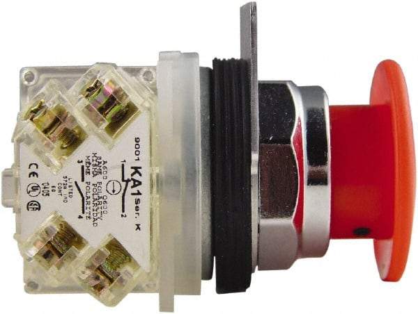 Schneider Electric - 30mm Mount Hole, Extended Mushroom Head, Pushbutton Switch with Contact Block - Round, Red Pushbutton, Maintained (MA) - Exact Tool & Supply