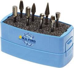 M.A. Ford - 8 Piece, 3mm Shank Burr Set - Solid Carbide, Multiple Head Shapes, 3° Included Angle - Exact Tool & Supply