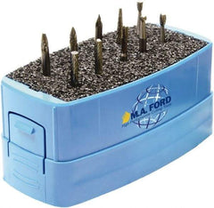 M.A. Ford - 10 Piece, 3mm Shank Burr Set - Solid Carbide, Multiple Head Shapes, 3° Included Angle - Exact Tool & Supply