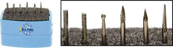 M.A. Ford - 6 Piece, 3mm Shank Burr Set - Solid Carbide, Multiple Head Shapes, 3° Included Angle - Exact Tool & Supply