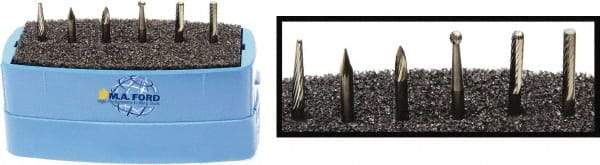 M.A. Ford - 6 Piece, 3mm Shank Burr Set - Solid Carbide, Multiple Head Shapes, 3° Included Angle - Exact Tool & Supply