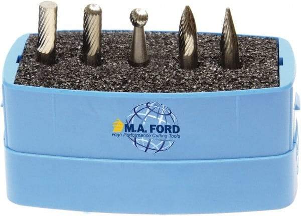M.A. Ford - 5 Piece, 6mm Shank Burr Set - Solid Carbide, Multiple Head Shapes, 6° Included Angle - Exact Tool & Supply