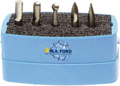 M.A. Ford - 5 Piece, 6mm Shank Burr Set - Solid Carbide, Multiple Head Shapes, 6° Included Angle - Exact Tool & Supply