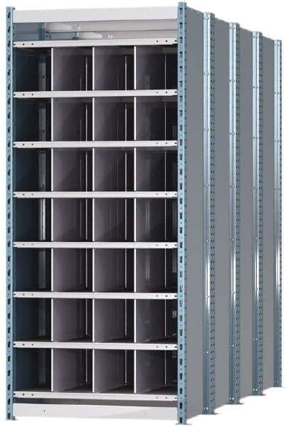 Hallowell - 28 Bin Heavy-Duty Deep Bin Industrial Shelving - 36 Inch Overall Width x 96 Inch Overall Depth x 87 Inch Overall Height, Blue and Platinum Steel Bins - Exact Tool & Supply