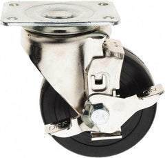 E.R. Wagner - 4" Diam x 1-1/4" Wide x 5-1/8" OAH Top Plate Mount Swivel Caster with Brake - Soft Rubber, 165 Lb Capacity, Delrin Bearing, 2-3/4 x 3-3/4" Plate - Exact Tool & Supply