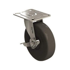 E.R. Wagner - 5" Diam x 1-1/4" Wide x 5-5/8" OAH Top Plate Mount Swivel Caster with Brake - Soft Rubber, 190 Lb Capacity, 3-1/8 x 4-1/8" Plate - Exact Tool & Supply
