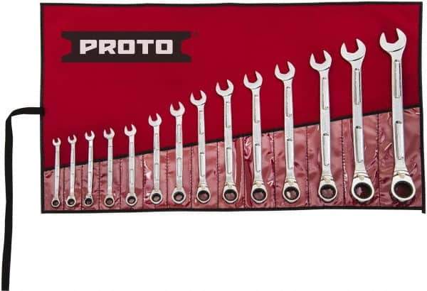 Proto - 14 Piece, 6mm to 19mm, Ratcheting Combination Wrench Set - Metric Measurement Standard, Full Polish Finish, Comes in Pouch - Exact Tool & Supply