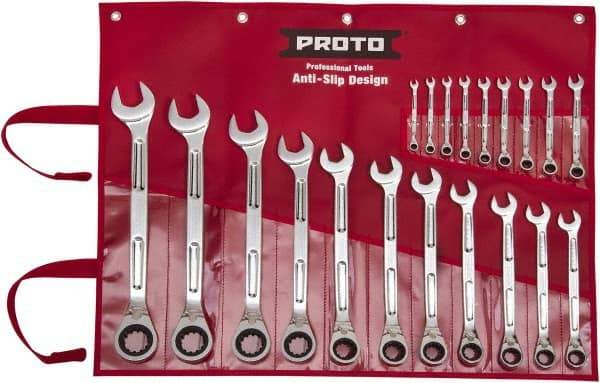 Proto - 20 Piece, 6mm to 32mm, Ratcheting Combination Wrench Set - Metric Measurement Standard, Full Polish Finish, Comes in Pouch - Exact Tool & Supply
