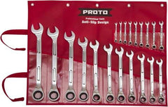 Proto - 20 Piece, 6mm to 32mm, Ratcheting Combination Wrench Set - Metric Measurement Standard, Full Polish Finish, Comes in Pouch - Exact Tool & Supply