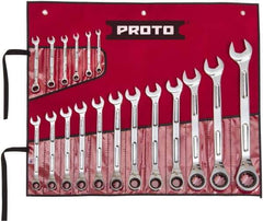 Proto - 18 Piece, 1/4" to 1-1/4", Ratcheting Combination Wrench Set - Inch Measurement Standard, Full Polish Finish, Comes in Pouch - Exact Tool & Supply