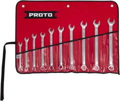 Proto - 10 Piece, 10mm to 19mm, 6 Point Combination Wrench Set - Metric Measurement Standard, Full Polish Finish, Comes in Tool Roll - Exact Tool & Supply