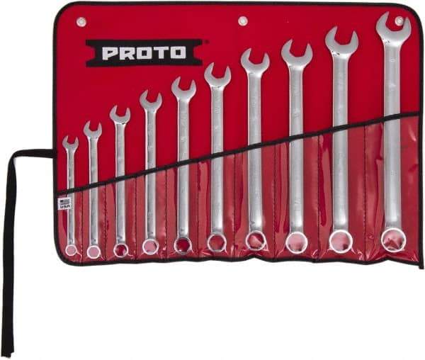 Proto - 10 Piece, 7/16" to 1", 6 Point Combination Wrench Set - Inch Measurement Standard, Full Polish Finish, Comes in Tool Roll - Exact Tool & Supply