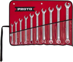 Proto - 10 Piece, 7/16" to 1", 6 Point Combination Wrench Set - Inch Measurement Standard, Full Polish Finish, Comes in Tool Roll - Exact Tool & Supply