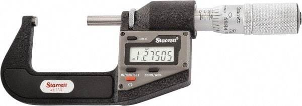 Starrett - 25.4 to 50.8 mm Range, 0.0001" Resolution, Standard Throat, Electronic Outside Micrometer - 0.0001" Accuracy, Friction Thimble, Micro Lapped Carbide Face, CR2450 Battery, Includes 3V Battery - Exact Tool & Supply