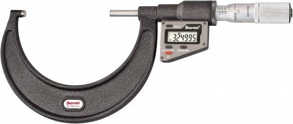 Starrett - 76 to 101 mm Range, 0.0001" Resolution, Standard Throat, Electronic Outside Micrometer - 0.0002" Accuracy, Friction Thimble, Micro Lapped Carbide Face, CR2450 Battery, Includes 3V Battery - Exact Tool & Supply