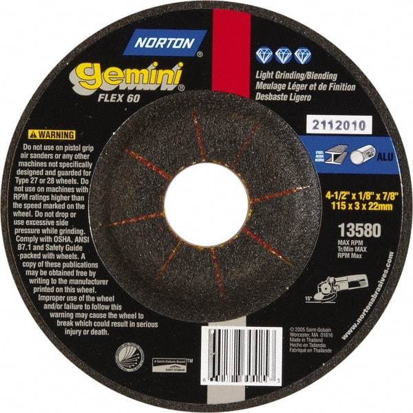 Norton - 60 Grit, 4-1/2" Wheel Diam, 1/8" Wheel Thickness, 7/8" Arbor Hole, Type 27 Depressed Center Wheel - Aluminum Oxide, 12,000 Max RPM - Exact Tool & Supply