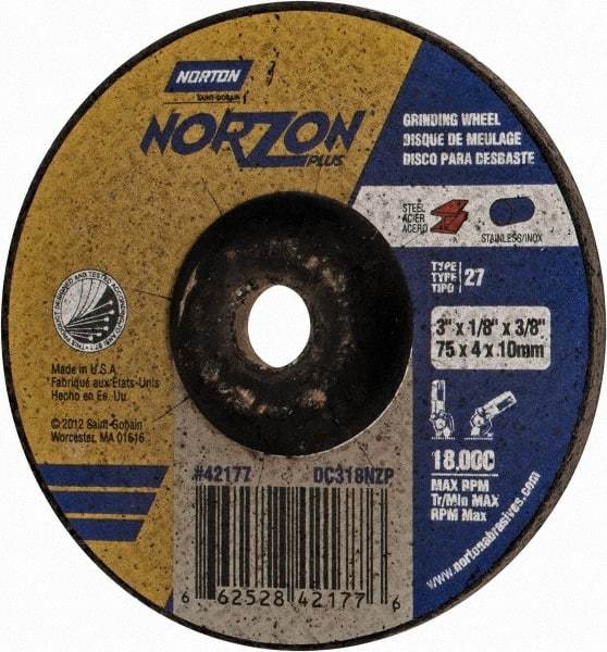 Norton - 24 Grit, 3" Wheel Diam, 1/8" Wheel Thickness, 3/8" Arbor Hole, Type 27 Depressed Center Wheel - Ceramic, 18,000 Max RPM - Exact Tool & Supply