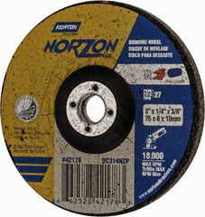 Norton - 24 Grit, 3" Wheel Diam, 1/4" Wheel Thickness, 3/8" Arbor Hole, Type 27 Depressed Center Wheel - Ceramic, 18,000 Max RPM - Exact Tool & Supply