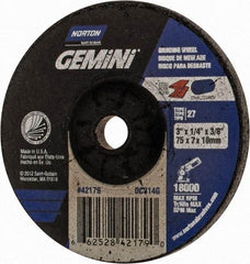 Norton - 24 Grit, 3" Wheel Diam, 1/4" Wheel Thickness, 3/8" Arbor Hole, Type 27 Depressed Center Wheel - Aluminum Oxide, 18,000 Max RPM - Exact Tool & Supply