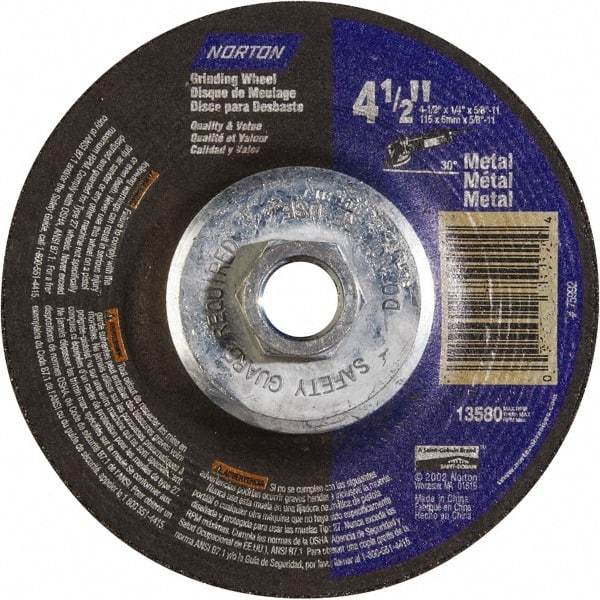 Norton - 24 Grit, 4-1/2" Wheel Diam, 1/4" Wheel Thickness, Type 27 Depressed Center Wheel - Aluminum Oxide - Exact Tool & Supply
