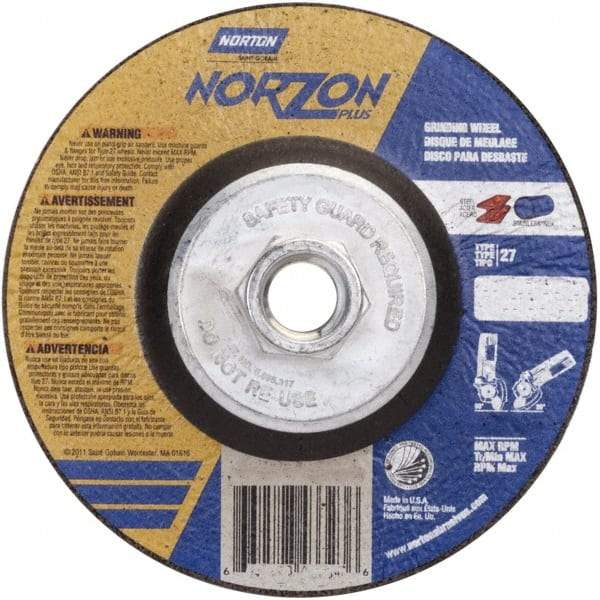 Norton - 24 Grit, 5" Wheel Diam, 1/8" Wheel Thickness, Type 27 Depressed Center Wheel - Ceramic - Exact Tool & Supply