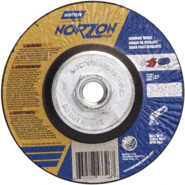 Norton - 24 Grit, 5" Wheel Diam, 1/4" Wheel Thickness, Type 27 Depressed Center Wheel - Ceramic, 12,225 Max RPM - Exact Tool & Supply