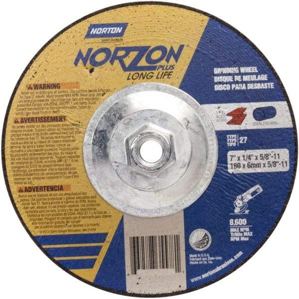 Norton - 24 Grit, 5" Wheel Diam, 1/4" Wheel Thickness, Type 27 Depressed Center Wheel - Ceramic - Exact Tool & Supply