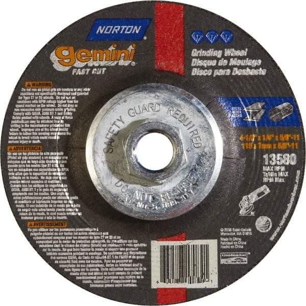Norton - 24 Grit, 4-1/2" Wheel Diam, 1/4" Wheel Thickness, Type 27 Depressed Center Wheel - Aluminum Oxide - Exact Tool & Supply