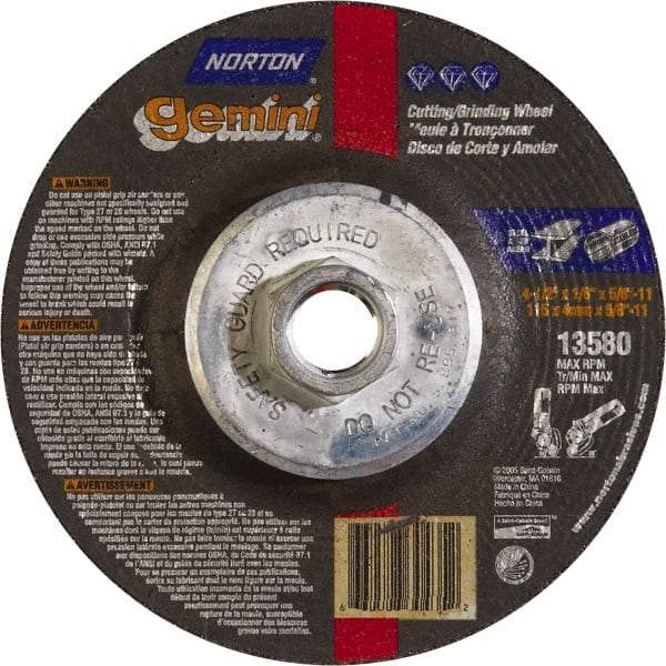 Norton - 24 Grit, 4-1/2" Wheel Diam, 1/8" Wheel Thickness, Type 27 Depressed Center Wheel - Aluminum Oxide, 13,580 Max RPM - Exact Tool & Supply