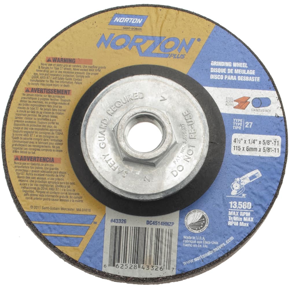 Norton - 24 Grit, 4-1/2" Wheel Diam, 1/4" Wheel Thickness, Type 27 Depressed Center Wheel - Exact Tool & Supply