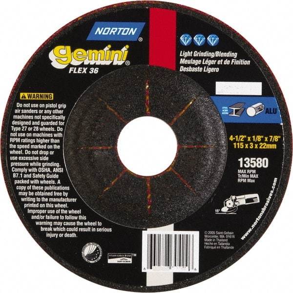 Norton - 36 Grit, 4-1/2" Wheel Diam, 1/8" Wheel Thickness, 7/8" Arbor Hole, Type 29 Depressed Center Wheel - Aluminum Oxide - Exact Tool & Supply