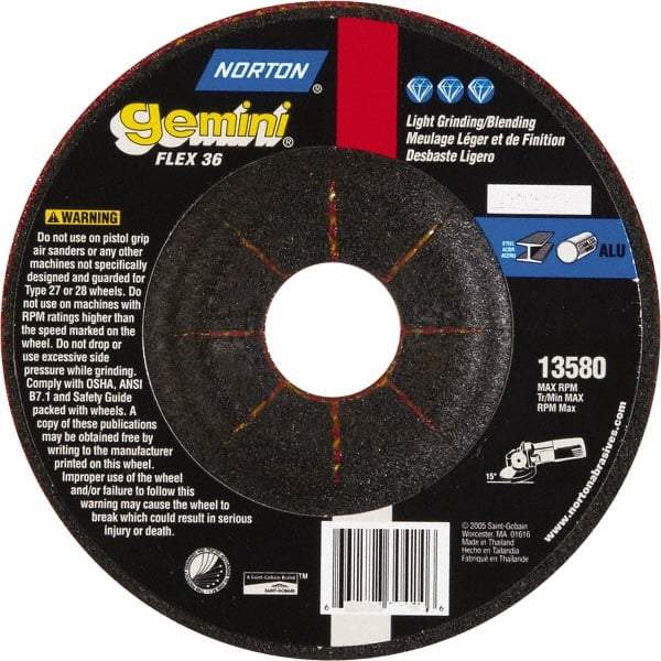 Norton - 36 Grit, 5" Wheel Diam, 1/8" Wheel Thickness, 7/8" Arbor Hole, Type 29 Depressed Center Wheel - Aluminum Oxide - Exact Tool & Supply