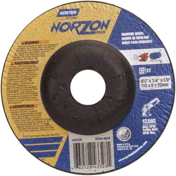 Norton - 24 Grit, 4-1/2" Wheel Diam, 1/4" Wheel Thickness, 7/8" Arbor Hole, Type 27 Depressed Center Wheel - Ceramic - Exact Tool & Supply