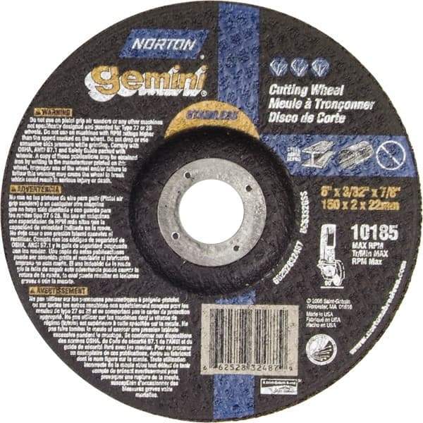 Norton - 36 Grit, 6" Wheel Diam, 3/32" Wheel Thickness, 7/8" Arbor Hole, Type 27 Depressed Center Wheel - Aluminum Oxide - Exact Tool & Supply