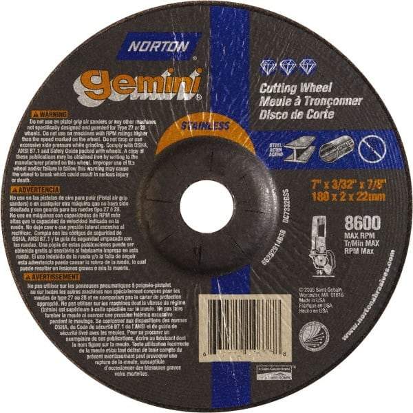 Norton - 36 Grit, 7" Wheel Diam, 3/32" Wheel Thickness, 7/8" Arbor Hole, Type 27 Depressed Center Wheel - Aluminum Oxide - Exact Tool & Supply