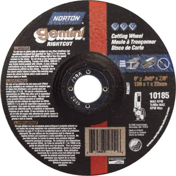 Norton - 46 Grit, 6" Wheel Diam, 7/8" Arbor Hole, Type 27 Depressed Center Wheel - Aluminum Oxide - Exact Tool & Supply