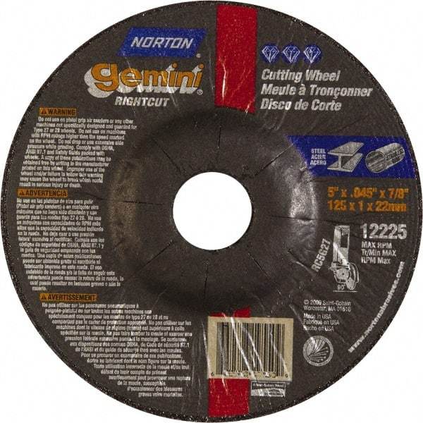 Norton - 46 Grit, 5" Wheel Diam, 7/8" Arbor Hole, Type 27 Depressed Center Wheel - Aluminum Oxide - Exact Tool & Supply