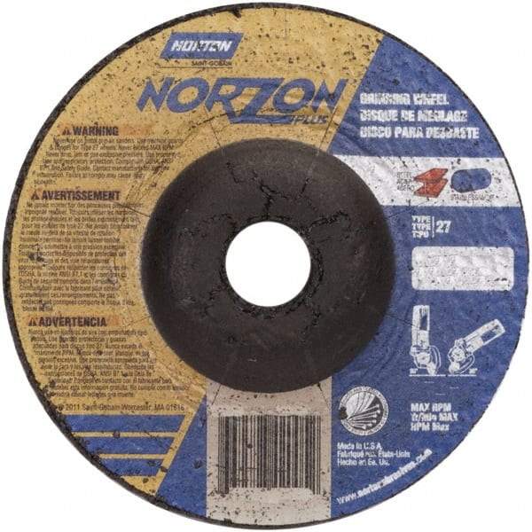 Norton - 24 Grit, 4" Wheel Diam, 1/8" Wheel Thickness, 3/8" Arbor Hole, Type 27 Depressed Center Wheel - Ceramic, 15,280 Max RPM - Exact Tool & Supply