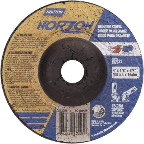 Norton - 24 Grit, 4" Wheel Diam, 1/8" Wheel Thickness, 5/8" Arbor Hole, Type 27 Depressed Center Wheel - Ceramic, 15,280 Max RPM - Exact Tool & Supply