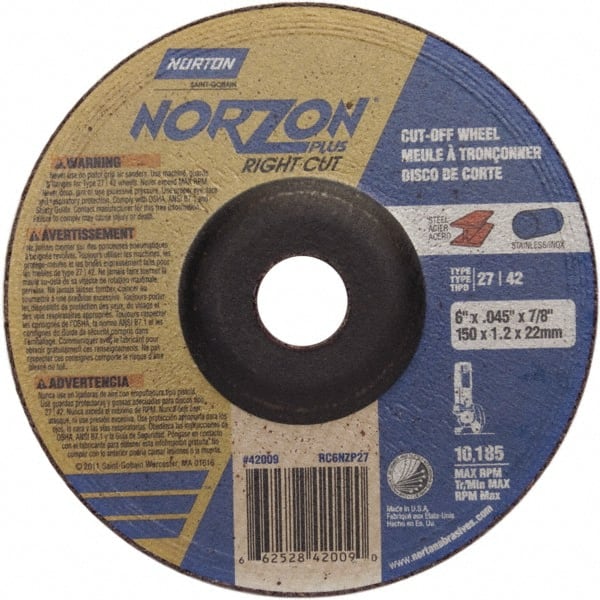 Norton - 46 Grit, 6" Wheel Diam, 7/8" Arbor Hole, Type 27 Depressed Center Wheel - Exact Tool & Supply