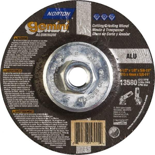 Norton - 24 Grit, 4-1/2" Wheel Diam, 1/8" Wheel Thickness, Type 27 Depressed Center Wheel - Aluminum Oxide, 13,580 Max RPM - Exact Tool & Supply