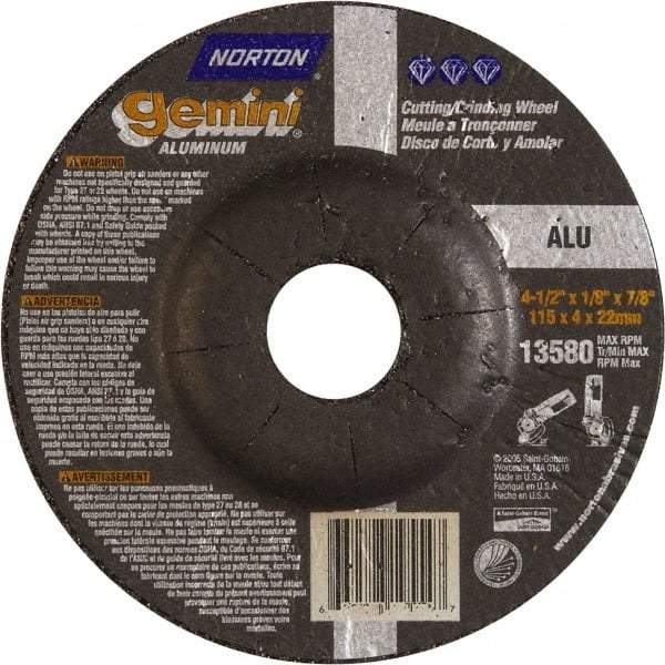 Norton - 24 Grit, 4-1/2" Wheel Diam, 1/8" Wheel Thickness, 7/8" Arbor Hole, Type 27 Depressed Center Wheel - Aluminum Oxide, 13,580 Max RPM - Exact Tool & Supply
